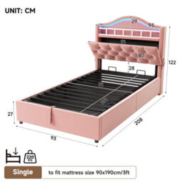 Btm 3Ft Single Velvet Hydraulic Bed With Led, Charging Station And Storage, Diamond Tufted Headboard, Pink - thumbnail 6
