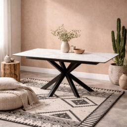 Wyld Haus Perth Extendable Dining Table 200 240Cm White Marble-Effect Ceramic Top Industrial Black Metal Legs