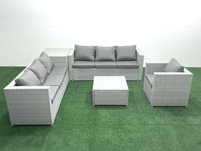 Fimous Wicker Pe Rattan Sofa Garden Furniture Set Armchair Square Coffee Table Side Table Light Grey - image 1
