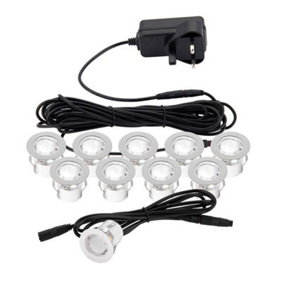 National Lighting Kios Ii Pack Of 10 White 30 mm Led Round Garden Decking / Kitchen Plinth Lights Kit - Ip 44 Rated