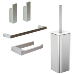 Cosmic Bathroom Accessory Set, Silver Gloss, 5 Pieces, 2X Hooks, Toilet Brush And Holder, Toilet Paper Holder, Towel Rail