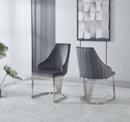 Set Of 2 Modernique Grey Velvet Upholstered Dining Chairs With Chrome Metal Legs