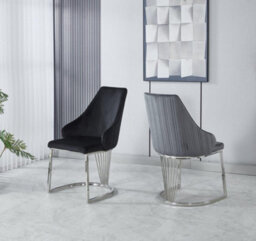 Set Of 2 Modernique Grey Velvet Upholstered Dining Chairs With Chrome Metal Legs - thumbnail 2