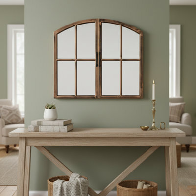 Biznest Double Door Arched Window Wall Mounted Mirror Black Brushed Gold Glass Panels Rustic Farmhouse Home Decor Idea 72X65Cm - image 1
