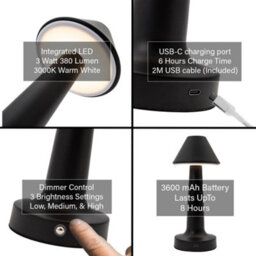 Happy Homewares Short Matte Black Modern Rechargeable Led Touch Dimmable Table Lamp - thumbnail 5