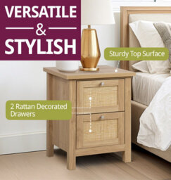 Hallowood Furniture Newquay Oak Effect Bedside Table With 2 Drawer And Real Rattan Front (Pair) - thumbnail 4