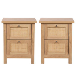 Hallowood Furniture Newquay Oak Effect Bedside Table With 2 Drawer And Real Rattan Front (Pair)