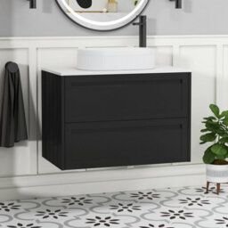 Royal Bathrooms Royal Bathroom Elmore 800mm Matt Nocturne Black Wall Mounted Bathroom Vanity Unit 2 Drawer Plain White Worktop With Lyon Basin - thumbnail 1