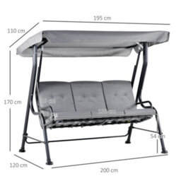 Outsunny Outdoor 3-Person Garden Metal Padded Porch Swing Chair Bench, Grey - thumbnail 3