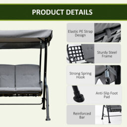 Outsunny Outdoor 3-Person Garden Metal Padded Porch Swing Chair Bench, Grey - thumbnail 7