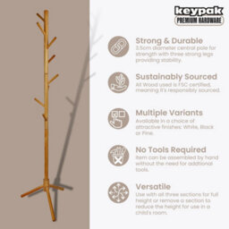 Keypak Wooden Coat Stand, 170Cm Clothes Jacket Hanger Coat Tree, Ideal For Hallway - Pine - thumbnail 2