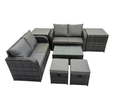 Fimous Outdoor Love Sofa Coffee Table Set Garden Rattan Furniture Set 6 Seater With 2 Small Stools 2 Side Tables Dark Grey - image 1