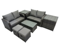Fimous Outdoor Love Sofa Coffee Table Set Garden Rattan Furniture Set 6 Seater With 2 Small Stools 2 Side Tables Dark Grey - thumbnail 2