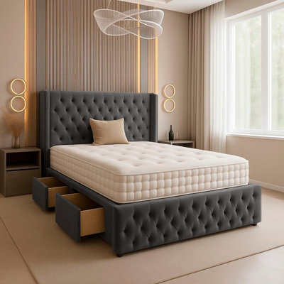 Adore Designs Chesterfield Plush Velvet Divan Bed, Winged Headboard, Mattress & Footboard - 3Ft Single - Grey - 0 Drawers - image 1