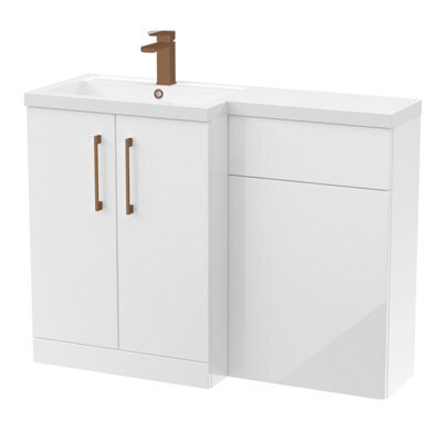 Balterley Left-Hand Bathroom Vanity And Wc Unit Combination With Basin - 1100mm - Gloss White With Brushed Bronze Handles - image 1