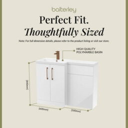 Balterley Left-Hand Bathroom Vanity And Wc Unit Combination With Basin - 1100mm - Gloss White With Brushed Bronze Handles - thumbnail 5