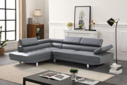 SquareBoxx Fidenza Leather Corner Sofa  Adjustable Headrests, L-Shaped Sectional, Contemporary Living Room Seating, Left Hand Facing, Grey - thumbnail 1