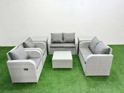 Fimous 6 Seater Outdoor Reclining Chair Love Sofa Set Rattan Garden Furniture Set Square Coffee Table 2 Side Tables Light Grey - thumbnail 2