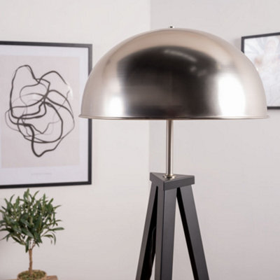 Valuelights Horvit Black Metal Tripod Standing Floor Lamp With A Silver Brushed Chrome Dome Shade - Bulb Included - image 1