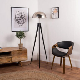 Valuelights Horvit Black Metal Tripod Standing Floor Lamp With A Silver Brushed Chrome Dome Shade - Bulb Included - thumbnail 3