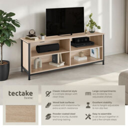 Tectake Tv Stand Navan - 4 Open Compartments, 2 Adjustable Shelves, 4 Cable Cutouts 147 Cm - Industrial Wood Light, Oak Sonoma - thumbnail 2