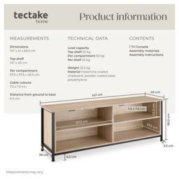 Tectake Tv Stand Navan - 4 Open Compartments, 2 Adjustable Shelves, 4 Cable Cutouts 147 Cm - Industrial Wood Light, Oak Sonoma - thumbnail 6