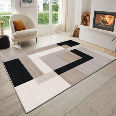 Oxford Homeware Printed Rug, Non-Slip Pets Friendly, Living Room Rugs And Bedroom Rugs, (Milo Neutral, 120X170Cm) - image 1