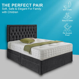 Dining Tables Lisbon Matching Headboard Divan Set, 2 Drawer On Same Side With Sprung 1500 Comfort Mattress - Chenille Charcoal - King - thumbnail 2
