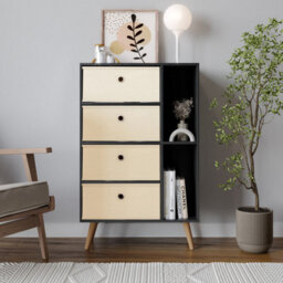 Urbn-Living Urbnliving 84Cm Height Black 6 Section Wooden Storage Bookcase With Beech Legs Cream Drawers - thumbnail 2