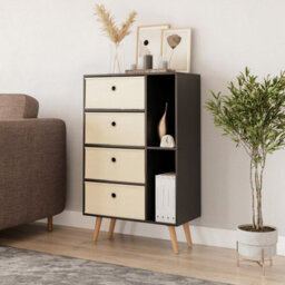 Urbn-Living Urbnliving 84Cm Height Black 6 Section Wooden Storage Bookcase With Beech Legs Cream Drawers