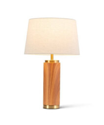 Lighting Supermarket Cylinder Natural Wood Print/gold Table Lamp With Natural Linen Shade - thumbnail 2
