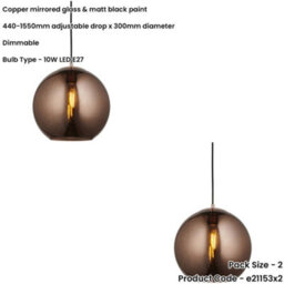 Loops 2 Pack Hanging Ceiling Pendant Light - Copper Mirrored Glass & Matt Black Paint - 10W Led E27 - thumbnail 2