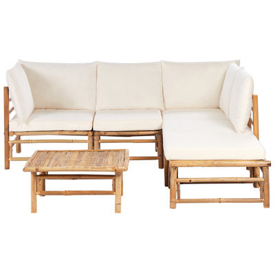 Beliani Garden Corner Sofa With Table 5 Seater Cerreto Left Hand Bamboo Off-White