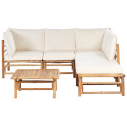 Beliani Garden Corner Sofa With Table 5 Seater Cerreto Left Hand Bamboo Off-White - thumbnail 1