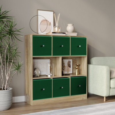 Urbn-Living Urbnliving Asymmetrical 8 Cube Bookcase Shelf Storage Unit W/ 6 Fabric Drawer Inserts (Oak+Green) - image 1