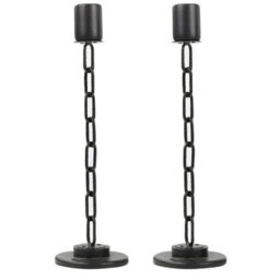 Urbn-Living Urbnliving 2Pcs Large Black Metal Chain Link Design Candle Holder With Wooden Stand Home Décor - thumbnail 2