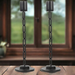 Urbn-Living Urbnliving 2Pcs Large Black Metal Chain Link Design Candle Holder With Wooden Stand Home Décor - thumbnail 1