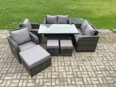 Fimous Pe Rattan Garden Furniture Set Height Adjustable Rising Lifting Dining Table Chair Love Sofa With Side Table - image 1