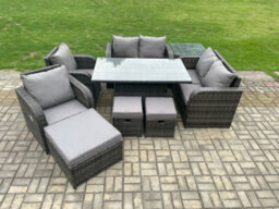 Fimous Pe Rattan Garden Furniture Set Height Adjustable Rising Lifting Dining Table Chair Love Sofa With Side Table - thumbnail 2