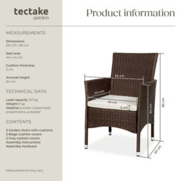 Tectake Garden Chair Nantes Set Of 2 - Weather & Uv-Resistant, 2 Sets Of Cushion Covers - Brown/beige - 2 - thumbnail 6