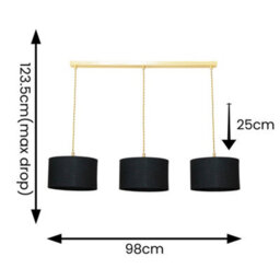 Valuelights Reni Black Fabric Drum Shade 3 Drop Bar Brushed Gold Diner Ceiling Pendant Light - thumbnail 6