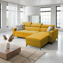 Baltico Mini Compact Corner Sofa Adjustable Headrests Pull Out Guest Bed Contemporary L Shaped Fabric Couch Yellow Right