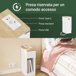 Sobuy Fbt111-E-Nw,slim Bedside Table With Charging Station & Standard Outlet & Usb Port & Type-C Port - thumbnail 3