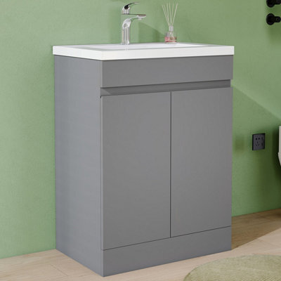 AVER-GROWTH 600mm Floor Standing Vanity Unit With Basin Matt Gray Resin Sink Bathroom Storage Cabinet Set Freestanding - image 1