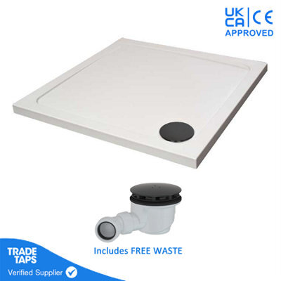 GravaHaus 800 X 800mm White Square 45mm Low Profile Shower Tray With Matt Black Waste - image 1
