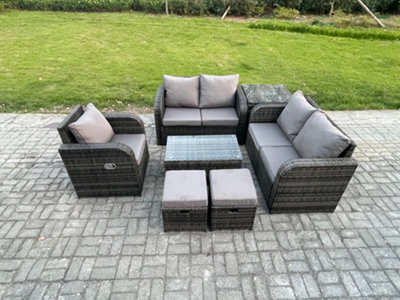 Fimous Rattan Garden Furniture Set With Loveseat Sofa Coffee Table Side Table 2 Small Footstools Indoor Outdoor - image 1