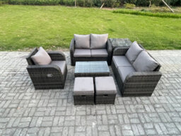 Fimous Rattan Garden Furniture Set With Loveseat Sofa Coffee Table Side Table 2 Small Footstools Indoor Outdoor - thumbnail 1