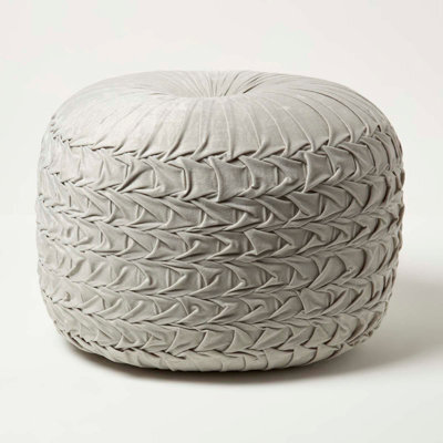 Homescapes Grey Velvet Pouffe, Grace Pleated Velvet Footstool, Ottoman Soft Round Seat For Living Room Or Bedroom - image 1