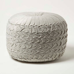 Homescapes Grey Velvet Pouffe, Grace Pleated Velvet Footstool, Ottoman Soft Round Seat For Living Room Or Bedroom