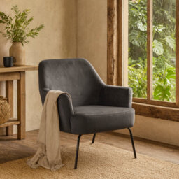 Wyld Haus Kobe Dark Grey Velvet Lounge Chair With Pocket Springs And Matt Black Steel Base